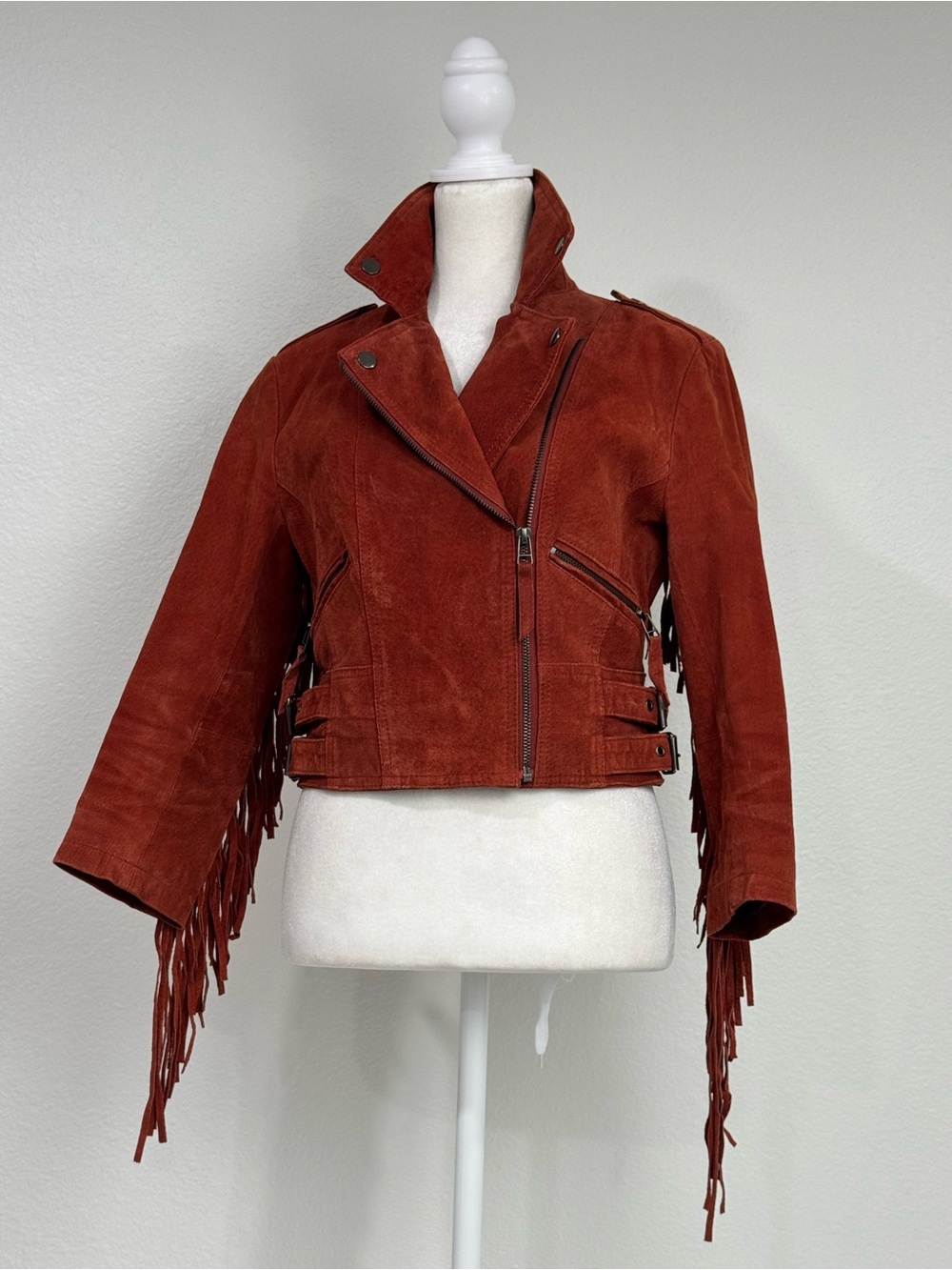 Y2K Forever 21 Genuine Leather Western Fringe Moto Jacket Brick Cropped Sz S‎